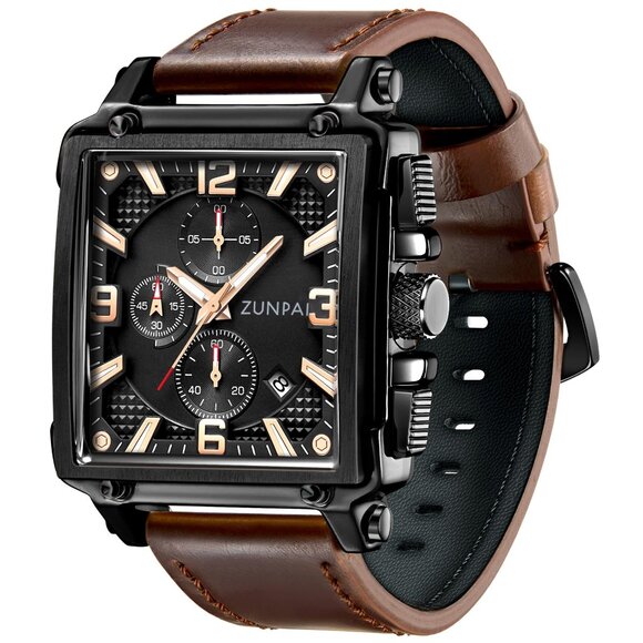Men's Chronograph Watch Leather Strap Waterproof Stainless Steel Square Case